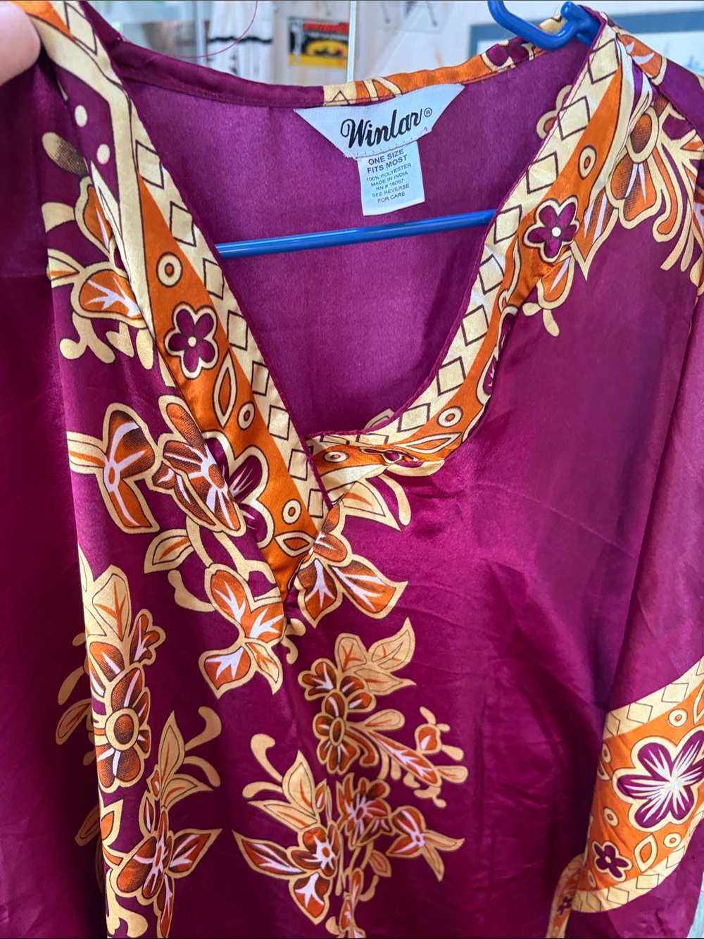 Women's Maxi Caftan Dress in Burgundy with Gold Floral Print - Picture 5 of 7
